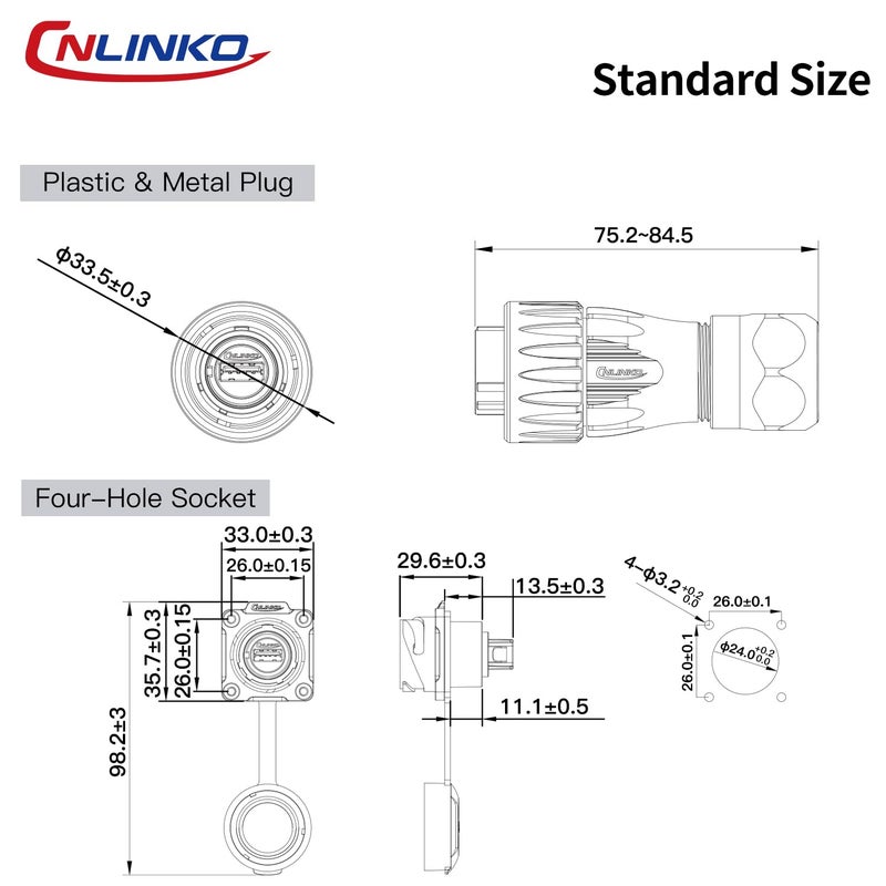 CNLINKO DH-24 USB 3.0 Connectors, Male Plug with 20 Inches Cable, Type A Female Metal Socket, Panel Mount Receptacles Socket, IP68 Waterproof Connector, M24 Signal Connectors (USB 3.0 Set) - Image 5
